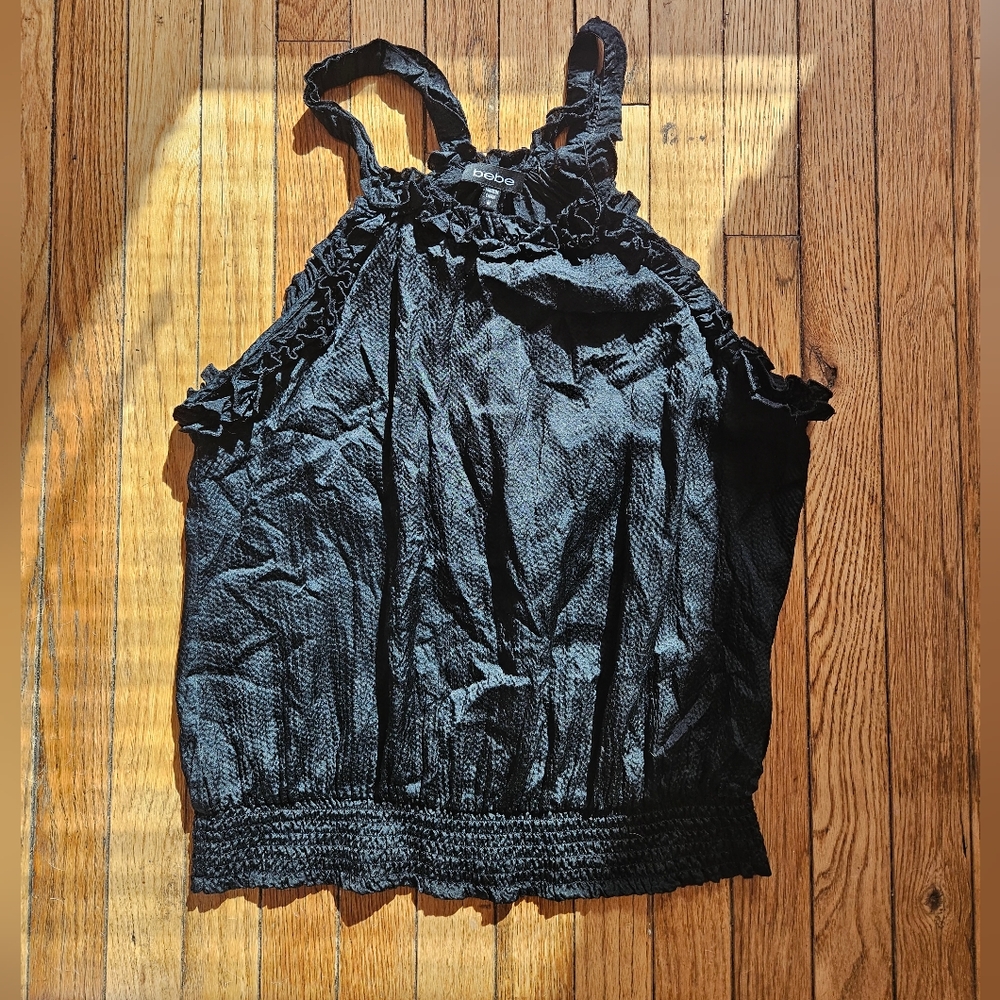 Bebe Vintage Y2K Black Silk Ruffle Halter Sleeveless Top M